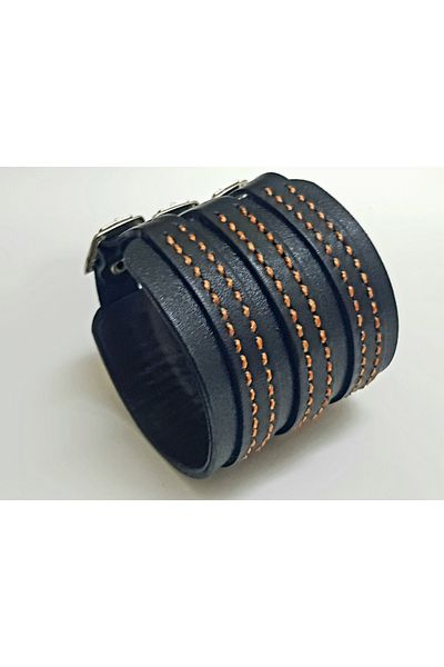 aysefe Genuine Leather 3 Belt Stitched Wide Ottoman Bracelet