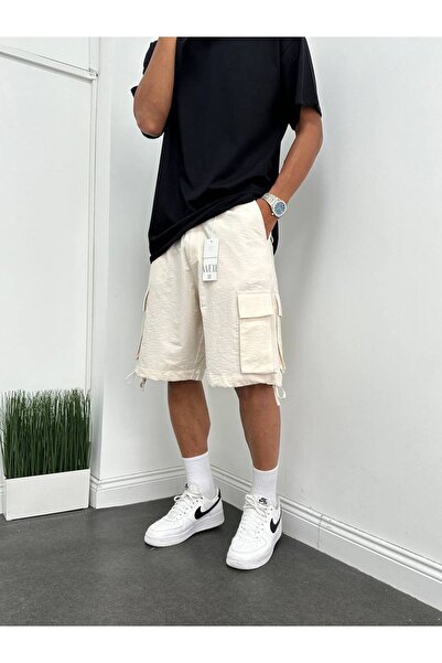 Genel Markalar Rahat Kalıp Bej Renk Paraşüt Kumaş Kargo Cepli Kapri Şort