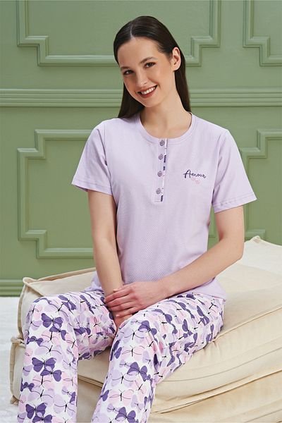 BSM High Quality Lilac Patterned Short Sleeve Women's Pajamas Set