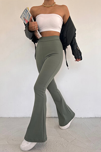 VOSSAX Women's Khaki Ribbed Flared Leg High Waist Recovery Pants Leggings