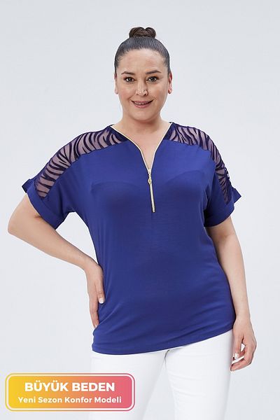 tarzımsüper Plus Size New Season Sleeve Transparent Zip Comfort Model Short Sleeve Combed Cotton Tunic T-Shirt