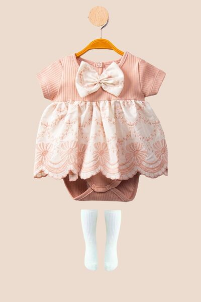 Minytrendy Baby Girl Child Embroidered Bow Romper Socks Set Concept Baby Dress Summer Salopet Set