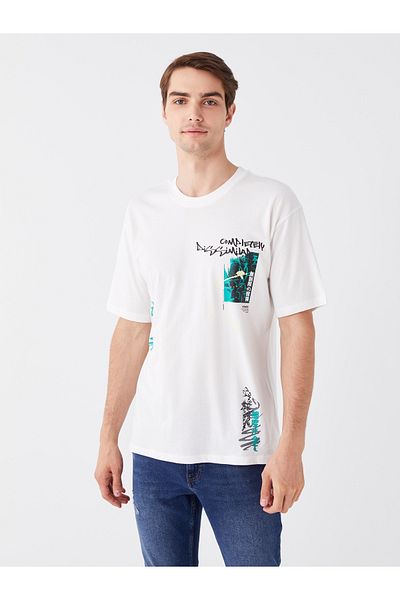 LC Waikiki Ανδρικό χτενισμένο βαμβακερό μπλουζάκι εμπριμέ - Crew neck, κοντό μανίκι