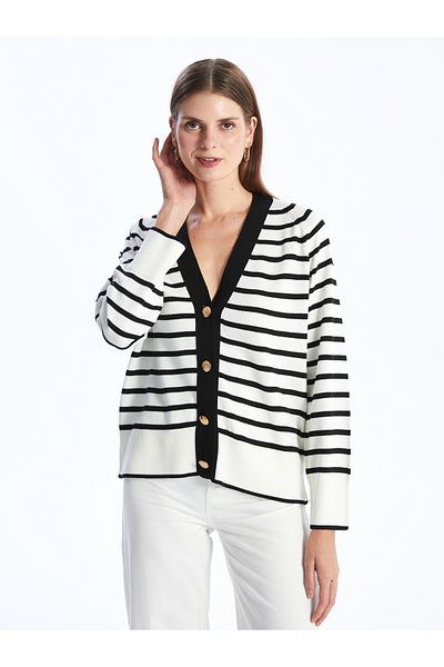 LC Waikiki Long Sleeve V-Neck Striped Women's Knitwear Cardigan