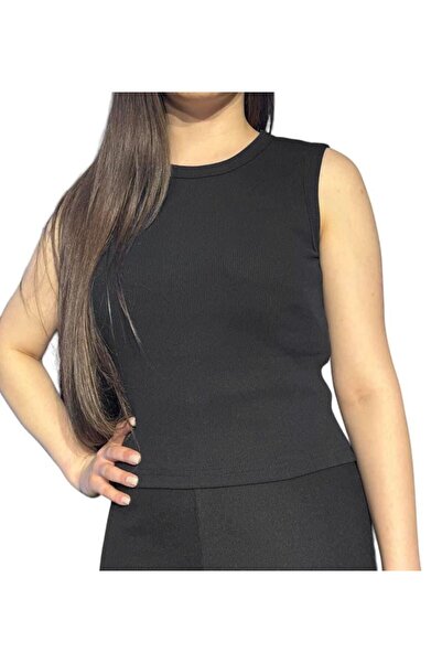 GIFT by CA Kadın Siyah Fitilli T-shirt Sıfır Yaka Örme Atlet Body Basics Kols...