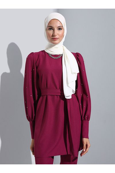 Refka Stone and Button Detailed Evening Dress Set - Cherry -