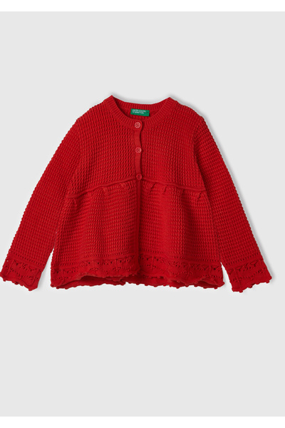 United Colors of Benetton سترة صوفية برقبة دائرية وأزرار أمامية حمراء للفتيات...