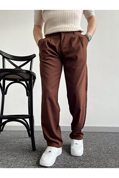 ketench Men's Baggy Cut Pleated Trousers - Elastic Waist, Brown (E1010)