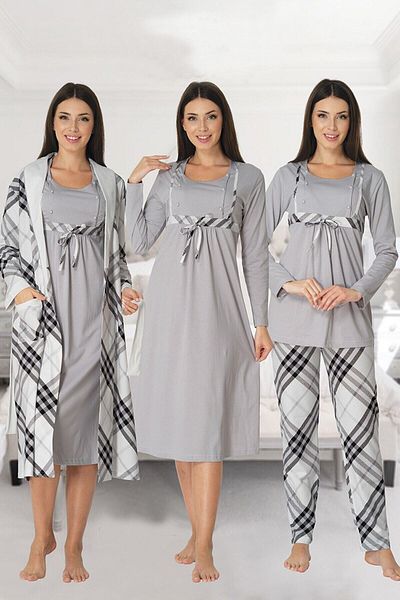 CT MODA Effort Gray Long Sleeve Plaid Pregnant Maternity Set of 4