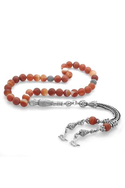 Tesbihane Non-Tarnish Metal Tuğra Tasseled Globe Cut Matte Red Agate Natural Stone Rosary