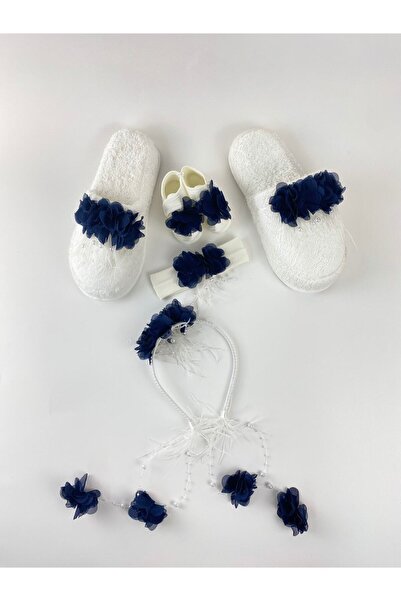 CT MODA Navy Blue Pearl Stoned Floral Maternity Crown, Slippers, Bandana, Bab...