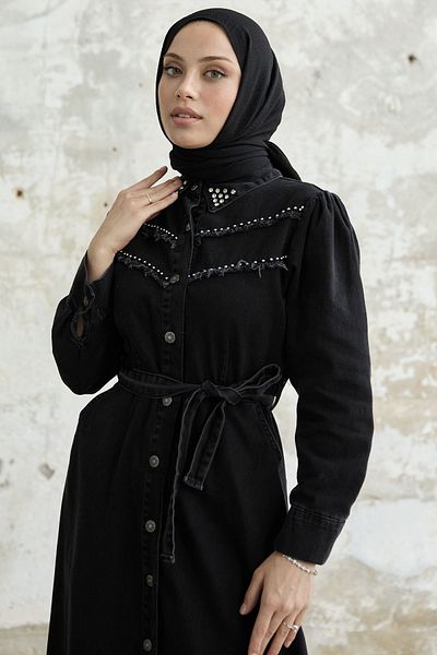 InStyle Tasseled Beaded Denim Dress - Black