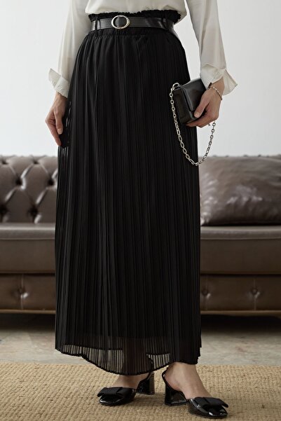 InStyle Öves, ráncos derékú sifonszoknya - fekete