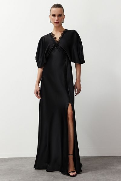Trendyol Collection Satin Woven Black Long Evening Dress - Lace Detail, TPRSS24AE00037