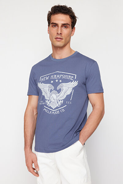 Trendyol Collection Blue Eagle Printed - Μπλουζάκι από ύφασμα κανονικής κοπής TMNSS24TS00208