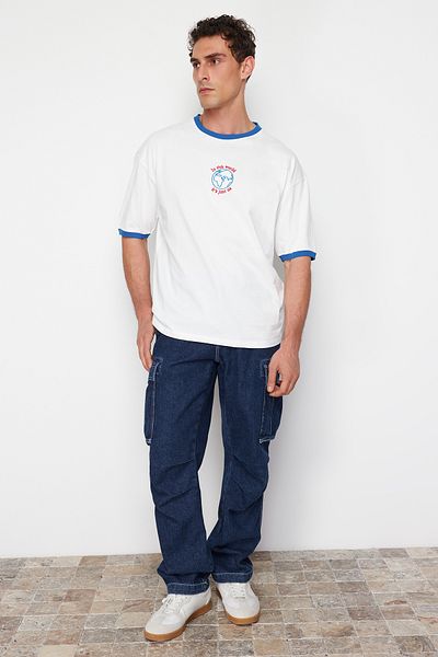 Trendyol Collection Ecru Embroidered Oversize Cotton T-Shirt - Color Block Tmnss24Ts00210