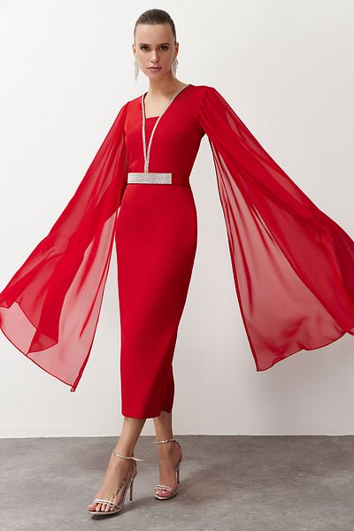 Trendyol Collection Woven Long Stylish Evening Dress with Red Stone Accessories TPRSS24EL00212