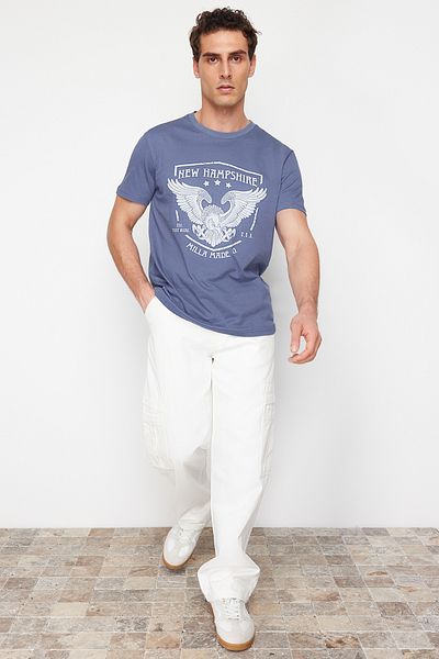 Trendyol Collection Blue Eagle Printed - Μπλουζάκι από ύφασμα κανονικής κοπής TMNSS24TS00208