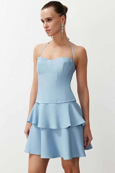 Trendyol Collection Light Blue Short Stylish Evening Dress - A-Cut Woven TPRSS24EL00149