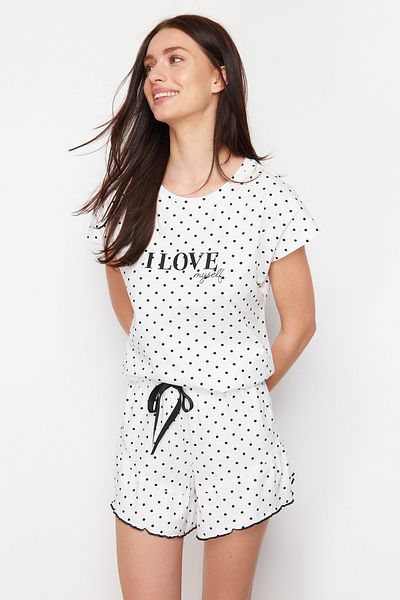 Trendyol Collection Cotton Polka Dot Slogan Shorts Pajamas Set - Thmss24Pt00319