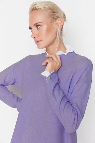 Trendyol Modest Lilafarbenes Strickset aus Pullover und Hose mit Perlen- und Tülldetails TCTAW23US00088