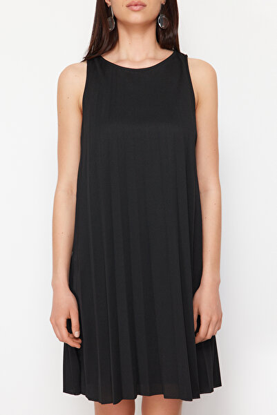 Trendyol Collection Black Pleated A-line/Bell Form Lined Stretchy Knitted Mini Dress TWOSS24EL00786