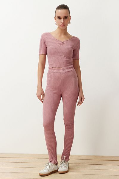 Trendyol Collection Dried Rose V-neck Gather Detailed Ribbed Stretch Knitted Blouse and Trousers Bottom-Top Set TWOSS24AU00100