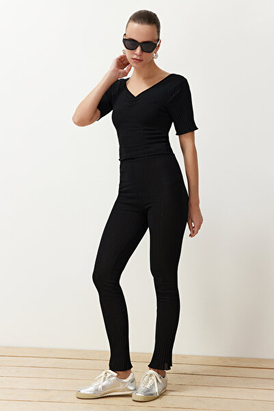 Trendyol Collection Black V-Neck Gather Detailed Ribbed Stretchy Knitted Blouse and Trousers Bottom-Top Set TWOSS24AU00100
