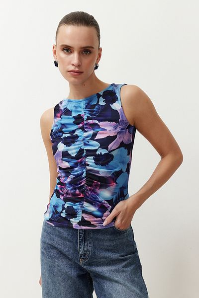 Trendyol Collection Μπλε αφηρημένο μοτίβο Πουκάμισο/Drape Λεπτομερής πλεκτή μπλούζα κανονική/κανονική εφαρμογή TWOSS24BZ00544