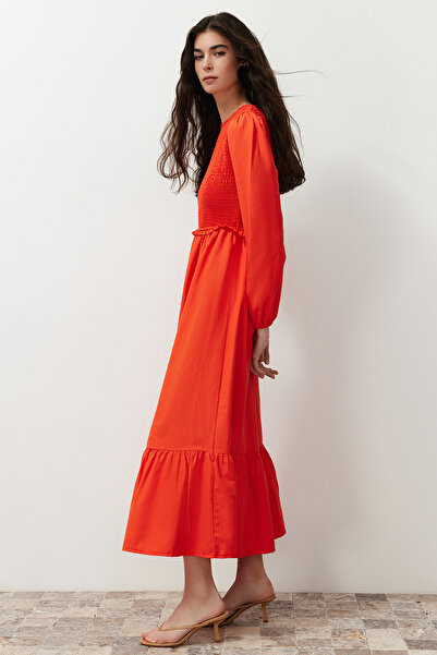 Trendyol Modest Orange Gipe Detailed Crew Neck Woven Dress TCTAW22EB0109