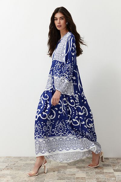 Trendyol Modest Tkané šaty s modrým vzorem na knoflíky - Tctss24eb00244