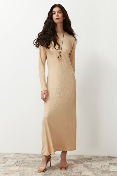 Trendyol Modest Σετ Πλεκτό Κιμονό και Φόρεμα Μπεζ - TCTSS24EB00203