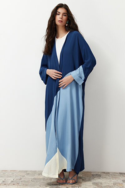 Trendyol Modest Indigo Blue Navy Blue Color Block Υφαντό καπάκι & Ferace & Abaya & Kimono TCTSS24KF00002