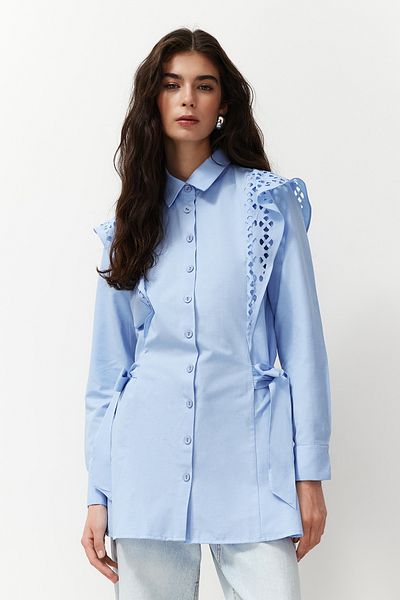 Trendyol Modest Cămașă din bumbac brodat albastru deschis TCTSS24TG00004