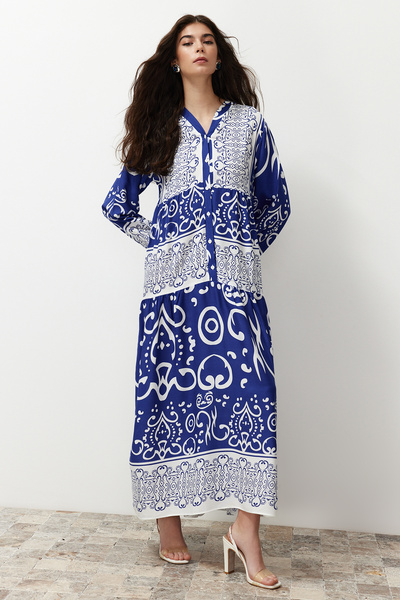 Trendyol Modest Λεπτομερές υφασμένο φόρεμα με μπλε σάλι με κουμπιά - Tctss24eb00244