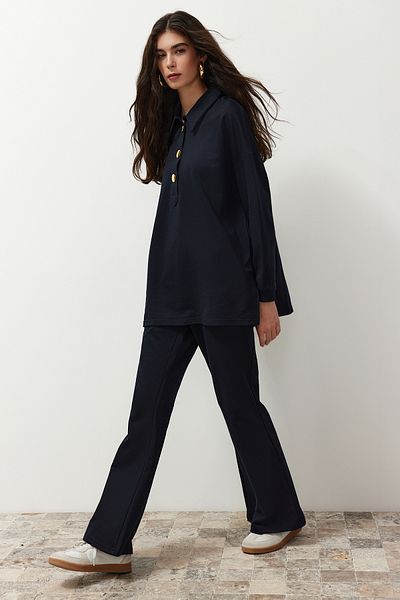 Trendyol Modest Polo Collar Oversize Black Bottom-Top Set - Bottom: Knitted, Top: Knitted, Button Detailed TCTSS24US00057