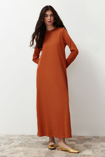 Trendyol Modest Коричнева сукня на ґудзиках з детальним ормом TCTSS23EB00291