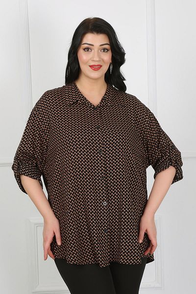By Alba Collection Дамска памучна вискозна риза с кафяви шарки с голям размер