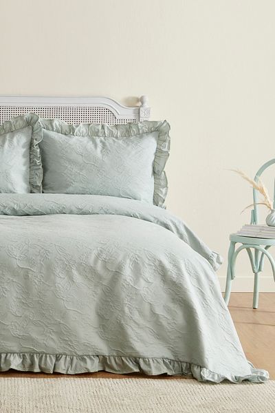 Karaca Home Tyra White Collection - Double Bedspread and Sage