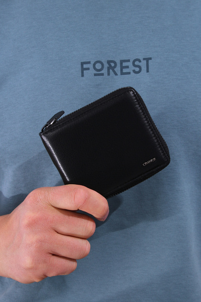 Grande 1579 100% γνήσιο δέρμα ανδρικό πορτοφόλι με φερμουάρ Μαύρο