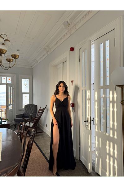 Mekafashion Black Talia Rope Strap Double Breasted Collar and Slit Evening Dress