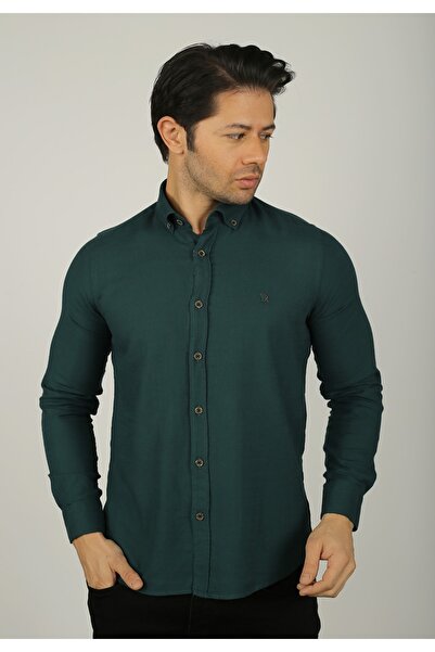 Brango Slim Fit Petrol Oxford Nakışlı Gömlek