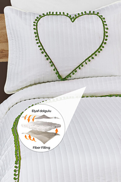 Evlen Home Collection Kalbim Ponponlu Yatak Örtüsü Seti Çift Kişilik Kapitone Elyaf Dolgulu Pike Takımı Krem-yeşil