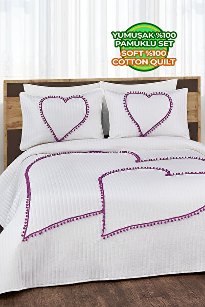 Evlen Home Collection Kalbim Ponponlu Yatak Örtüsü Seti Çift Kişilik Kapitone Pike Takımı Elyaf Dolgulu Krem-lila