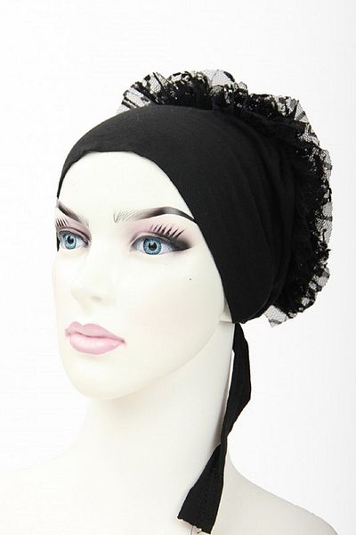 MİSS İPEK Black Lace Stitched Black Frilly Bonnet