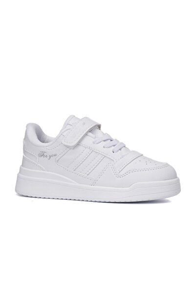 Nstil Günlük Unisex Çocuk Beyaz Sneaker Bağcıklı Cırtlı Hafif Kaymaz Taban Ra...