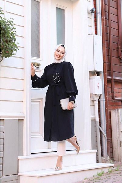 Tesettür Diyarı Women's Hijab Clothing Linda Fabric Stone Detailed Tunic-Black