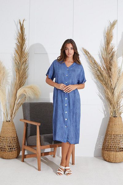 Sevim Rochie lungă indigo cu mânecă scurtă pentru femei C0T5N5O51