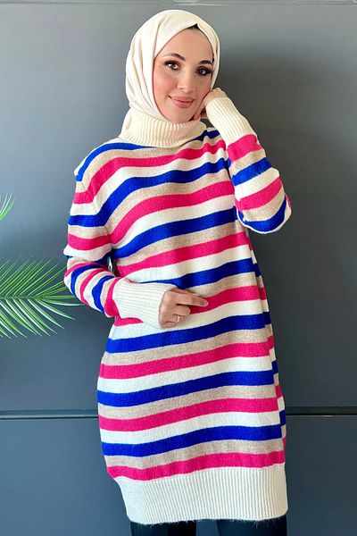 julude Stone Full Turtleneck Line Patterned Color Block Women's Hijab Knitwear Tunik