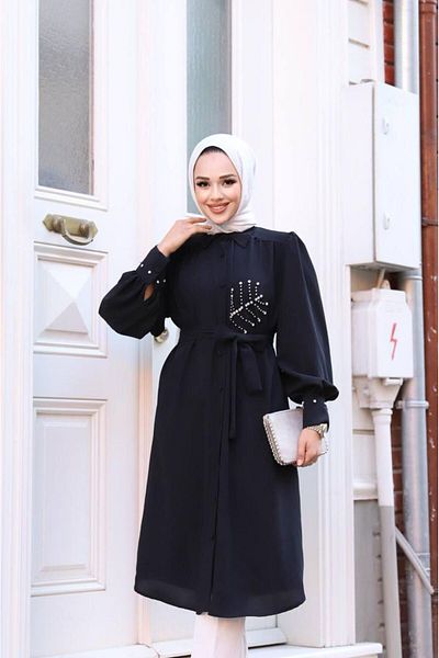 Tesettür Diyarı Women's Hijab Clothing Linda Fabric Stone Detailed Tunic-Black